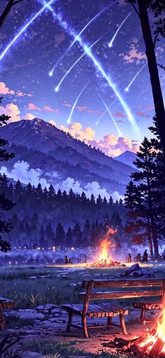 the night sky is filled with stars and shooting rockets above a campfire in front of a mountain