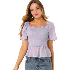 Introducing the perfect chic style for romantic beach nights - the ruffle blouse. Pair it with your favorite casual pants and heels for an effortlessly elegant look. This blouse features a flare short sleeve, square neckline, and cropped length. Please note that it has a see-through design, so make sure to wear it with a suit cami top. Also, please allow for a 1-2cm difference due to manual measurements. Chic Non-stretch Smocked Top For Summer, Casual Swiss Dot Blouse For Spring, Casual Fitted Swiss Dot Blouse, Feminine Swiss Dot Tops For Summer, Feminine Polka Dot Tops For Summer, Chic Short Sleeve Smocked Top For Vacation, Chic Smocked Short Sleeve Top For Vacation, Summer Non-stretch Blouse With Smocked Bodice, Chic Smocked Top With Short Sleeves For Vacation