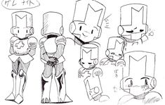 some sketches of different characters from the video game minecraft, with one person standing in front of them