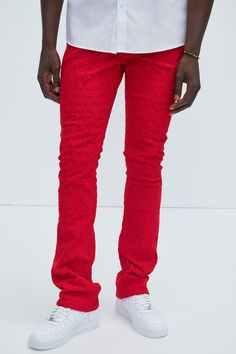 Available In Red. Stacked Skinny Flared Fit Laced Detail 5 Pocket Detail Zip Fly Button Closure 97% Cotton 3% Spandex Imported | Mens No Trace Just Lace Stacked Skinny Flare Pants in Red size 42 by Fashion Nova Slim Fit Red Cotton Bottoms, Red Slim Fit Cotton Bottoms, Red Cotton Bottoms With Button Closure, Casual Red Slim Fit Pants, Red Straight Leg Bottoms With Button Closure, Red Stretch Elastane Bottoms, Red Stretch Elastane Pants, Tight Red Elastane Bottoms, Red High Waist Bottoms With Button Closure