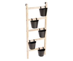 a wooden ladder with four black buckets on it