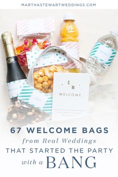 a welcome bag with wine and snacks on it for a wedding or bridal party