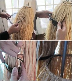 the process of making a wig with long hair is shown in four different pictures, including one being tied up and another being cut