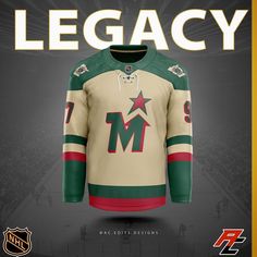 an image of a hockey jersey with the name and number on it in gold, green, and red