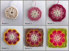 crocheted coasters are shown in four different colors and sizes, including red, green, yellow, pink, white