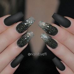 Black nails ideas | allthestufficareabout.com black Nail Designs, black nails, acrylic nails, coffin nails, square nails, nail design, simple matte nail design, glitter nails, shellac nail, nail polish, color nail design, glitter nail design, classy nails, almond nails, round nails, short nails, long nails, nail art, nail ideas, long nails, Opi nails, silver nails, elegant nail art, sparkly nail almond black nails with glitter Black Nails With Glitter, Nails Stiletto, Ideas Nails, Nail Designs Glitter, New Year's Nails, Prom Nails, Glitter Nail Art