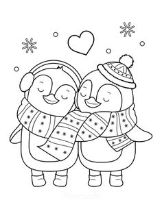 two penguins are hugging each other while wearing winter clothes