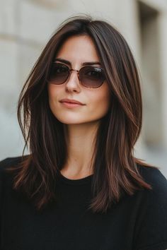 dark brown hair, dimensional highlights, captivating hair Dark Short Hairstyles, Long Brown Hair Side Part, Brown Haircut Ideas Medium, Asian Long Face Hairstyles, Med Length Hair With Layers Medium Long, Medium Hair Highlights Brown, Medium Dark Hair With Layers, Medium Haircut Brunette, Med Length Dark Brown Hair