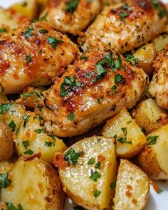 some chicken and potatoes on a plate with parsley sprinkled on top, ready to be eaten