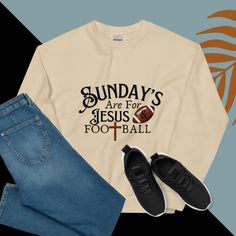 Sunday's Are For JESUS  & Football Unisex Sweatshirt A sturdy and warm sweatshirt bound to keep you warm in the colder months. A pre-shrunk, classic fit sweater that's made with air-jet spun yarn for a soft feel. * 50% cotton, 50% polyester * Pre-shrunk * Classic fit * 1x1 athletic rib knit collar with spandex * Air-jet spun yarn with a soft feel * Double-needle stitched collar, shoulders, armholes, cuffs, and hem This product is made especially for you as soon as you place an order, which is wh Long Sleeve Text Print Sweatshirt, Relaxed Fit Fan Apparel Sweatshirt For Winter, Fan Apparel Long Sleeve Sweatshirt With Text Print, Pre-shrunk Winter Sweater For Streetwear, Long Sleeve Text Print Sweatshirt For Sports Season, Comfortable Fit Text Print Sweatshirt For Fall, Pre-shrunk Sweater For Winter Streetwear, Winter Pre-shrunk Sweater For Streetwear, Comfortable Long Sleeve Text Print Sweatshirt