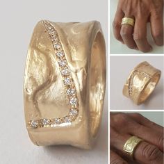 the gold ring is being displayed with diamonds on top and bottom, along with two other images