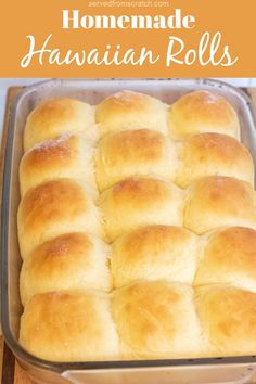 homemade hawaiian rolls in a baking pan with text overlay