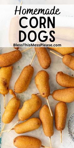 homemade corn dogs on a stick with text overlay