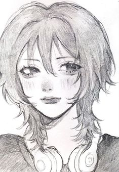 a pencil drawing of a girl with headphones on her ears and eyes, looking to the side