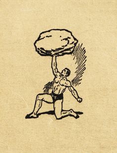 a drawing of a man holding up a large rock above his head with one hand