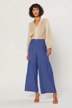 A pair of relaxed, wide-leg pants is an essential for summer dressing. This pair is the perfect addition to your warm-weather wardrobe, done in a classic indigo shade. Marigold topstitching shows off the cool details, from the angled yoke and deep porkchop pockets at the front to the workwear-inspired patch pockets at Summer Dressing, Easy Shape, Pants Large, Wide Leg Pant, Denim Pant, Contrast Stitch, The Cool, Denim Blue, Wide Leg Jeans