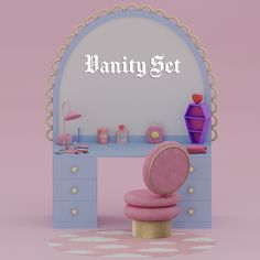 a pink chair sitting in front of a vanity with the word vanity set above it