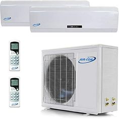 an air conditioner and remote controls are shown in this image, including thermostaers