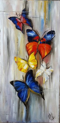 an abstract painting of three butterflies on a white background with blue, yellow and red colors