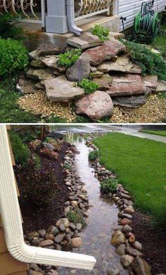 before and after pictures of landscaping in front of a house with rocks on the ground