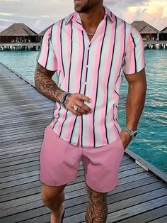 Pink Casual Collar   Striped  Embellished Slight Stretch Summer Men Clothing Hawaiian Man, Mens Striped Shorts, Man Suits, Hawaiian Men, Suits Clothing, Mens Stripes, Men Shirt, Casual Suit, Color Shorts