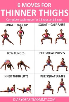 a woman doing yoga poses with the words 6 moves for thiner thighs on it