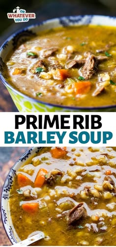 two bowls filled with beef barley soup on top of a wooden table