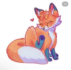 a drawing of a fox sleeping on top of a pillow with hearts in the background