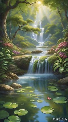 a painting of a waterfall surrounded by lily pads