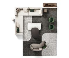 an overhead view of a living room and dining area with couches, chairs, tables and rugs