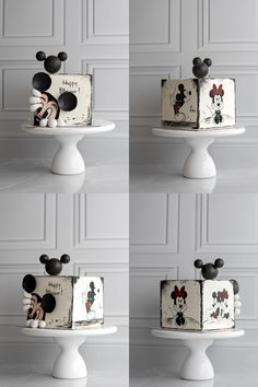 four photos of mickey mouse cakes on a white cake stand, each with different images of the same character