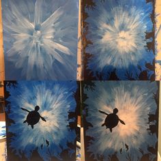 two paintings of a sea turtle in blue and white