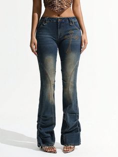 Women's Retro Denim Flared Pants, Casual & Fashionable For Everyday Wear Dark Wash Casual   Denim Plain,All Over Print Flare Leg Medium Stretch  Women Clothing, size features are:Bust: ,Length: ,Sleeve Length: Denim Retro, Casual Denim Jeans, Casual Sneakers Women, Jeans Dark Wash, Denim Jacket Women, Flared Pants, Women Denim Jeans, Pants Casual, Denim Flares