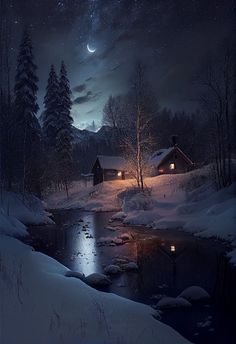 a painting of a cabin in the woods at night with lights on and water running through it