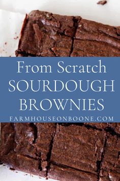 chocolate brownies with text overlay that reads from scratch sourdough brownies