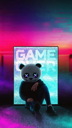 a panda bear sitting on top of a floor next to a neon colored background with the words game over it