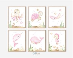 four pink sea animals and an octopus are on the wall in this nursery art print set