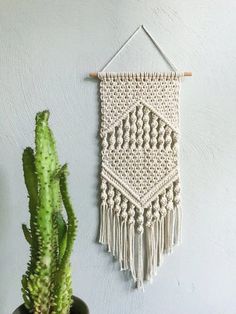 there is a plant and a macrame hanging on the wall next to it