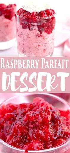 raspberry parfait dessert in a glass bowl with the text overlay