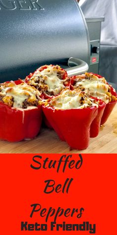 stuffed bell peppers on a cutting board with the words stuffed bell peppers ketchup