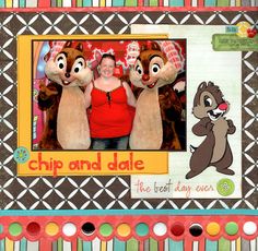 a woman standing next to two stuffed animals in front of a frame with the words chip and dale on it