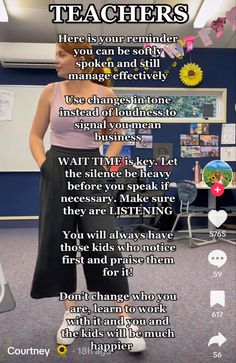 a woman standing in an office with the words teachers on it