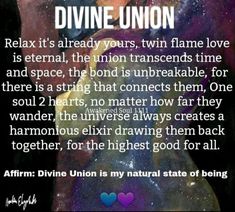 an image with the words divine union on it and a woman in space behind her