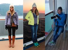 three pictures of people on a boat, one is wearing winter clothes and the other has boots