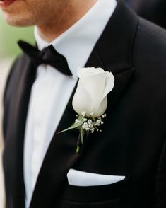 Tuxedo, Black Tie Wedding, Buttonhole, Bouttoniere, White Rose, Gypsophila, Babies Breath White Flower Boutineer Wedding, Boutineer Ideas White Rose, Groom Rose Boutonniere, All White Boutonniere Wedding, Boutonniere Wedding White Rose, White Rose Buttonhole Groom Boutonniere, Single White Rose Boutonniere, White Black Wedding Bouquet, White Rose Wedding Boutonniere