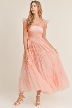 Mesh tulle sleeveless ruffle shoulder detail smocked bust ruffle tier maxi dress. Lining. Orange Tulle Dress, Dress Lining, Tulle Mini Dress, Tulle Maxi Dress, Pink Formal Dresses, Mesh Maxi Dress, Dress Dusty, Pink Tulle, Tiered Maxi Dress