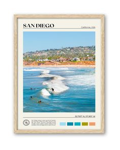 an image of a surfer riding the waves in san diego, california on a white background