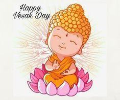 a little buddha sitting on top of a pink flower with the words happy vesak day