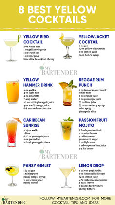 Best Yellow Cocktails Yellow Mixed Drinks Alcohol, Yellow Party Drinks, Yellow Alcoholic Drinks For A Party, Pineapple Passion Cocktail, Yellow Themed Alcoholic Drinks, Golden Cocktails Drinks, Yellow Drinks For Party, Pineapple Cocktail Drinks, Yellow Cocktails Recipes