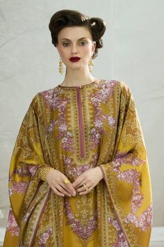 Yellow kaftan with straight boxy kimono sleeves and panels on the side. - Aza Fashions Designer Kaftan With Kimono Sleeves For Eid, Elegant Festive Kaftan With Printed Motifs, Elegant Kaftan With Printed Motifs And Kimono Sleeves, Elegant Long Sleeve Kaftan With Dupatta, Elegant Abaya With Dupatta, Yellow Long Sleeve Festive Kaftan, Traditional Yellow Kaftan With Floral Print, Yellow Printed Free-size Kaftan, Yellow Kaftan